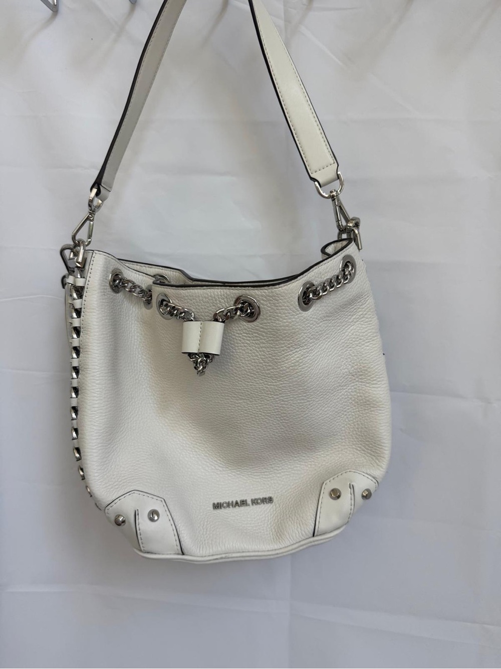 Michael Kors White Pebbled Leather Chain-Trim Shoulder Hobo